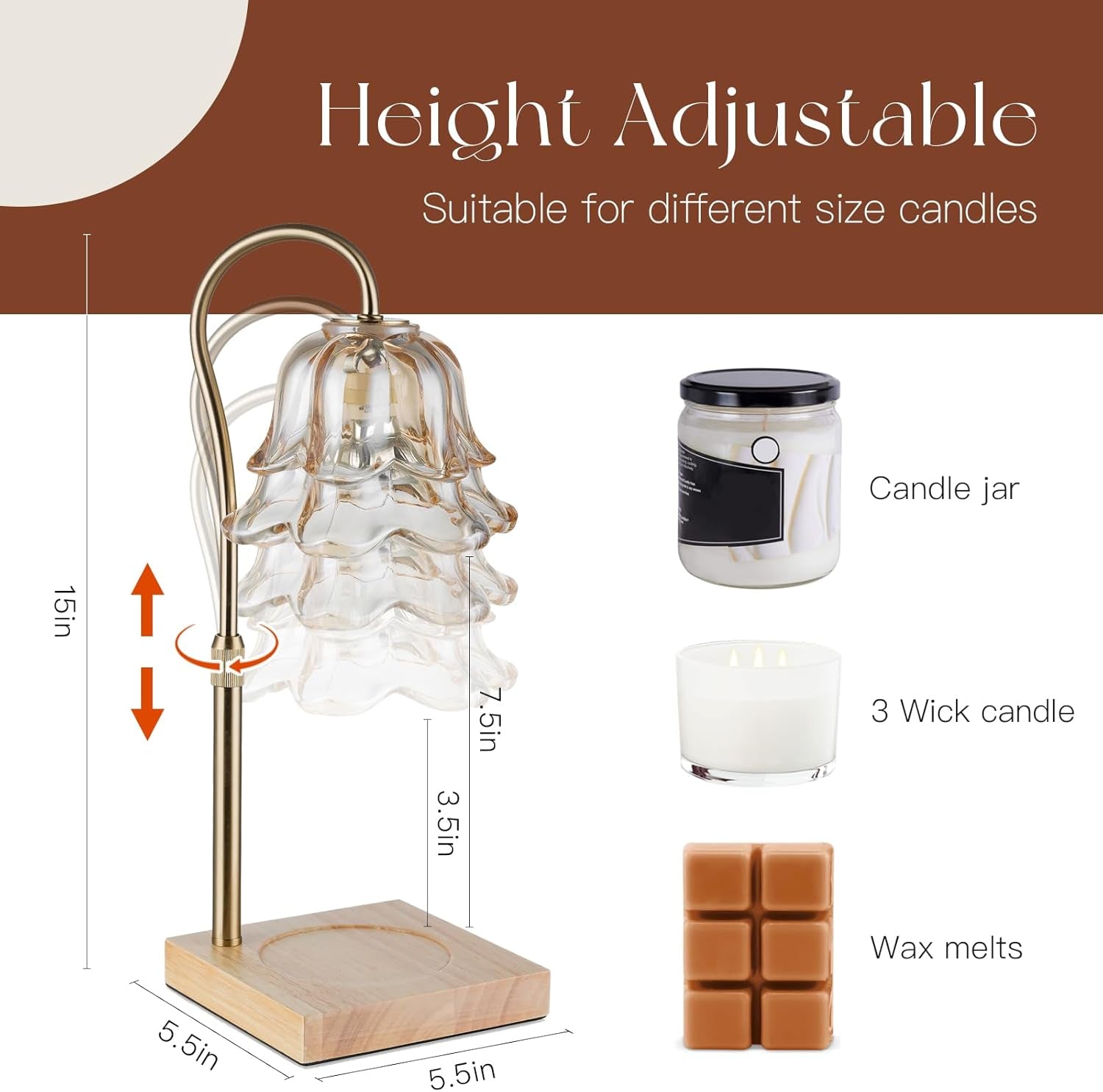 Candle Warmer Lamp with Timer: Flower Gold Candle Lamps Height Adjustable Wax Melt Home Decor House Warming Christmas Gift Mom Gift for Women
